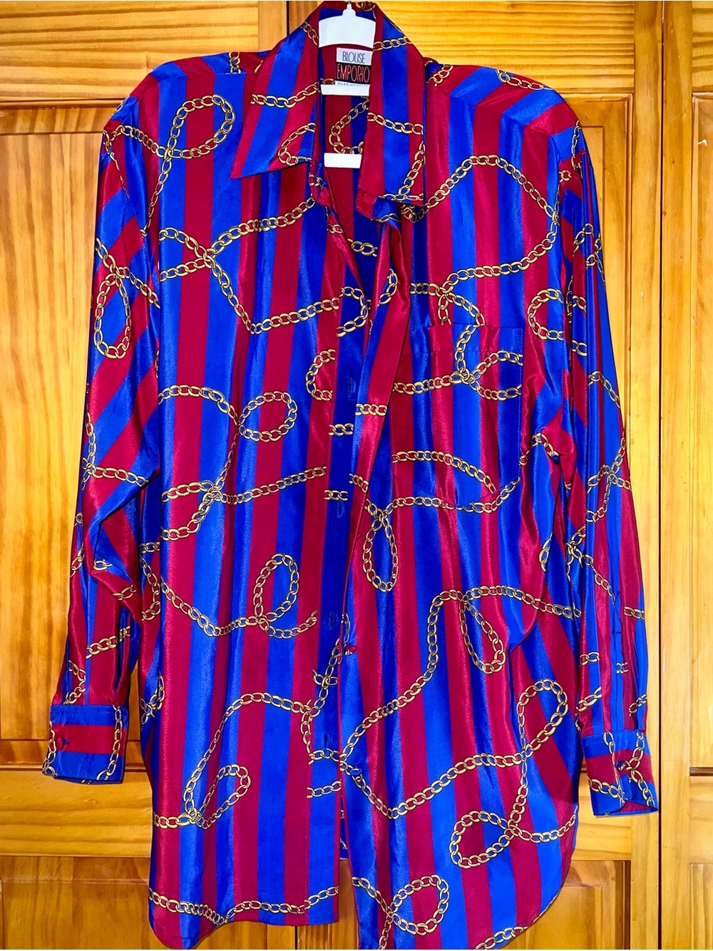 Emporio Armani Red and Blue Striped Chain-Print Button-Down Shirt